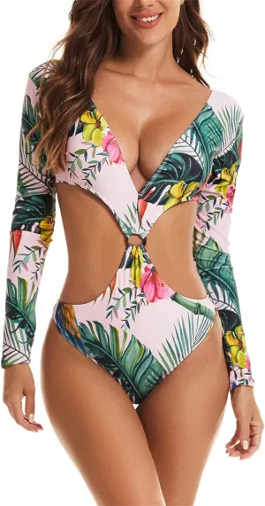 Women's One Piece Long Sleeve V Neck Swimsuits Slimming Cutout Backless Bathing Suits Tummy Control Ruched Swimwear