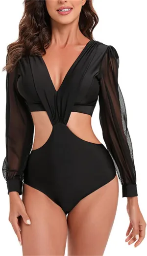 Womens One Piece Monokini Swimsuits V Neck Lantern Long Sleeve Bathing Suits Tummy Control Buckle Back Cutout Swimwear
