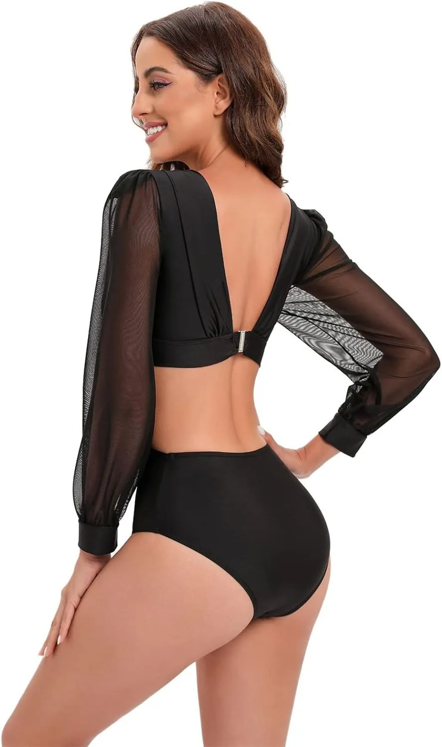 Womens One Piece Monokini Swimsuits V Neck Lantern Long Sleeve Bathing Suits Tummy Control Buckle Back Cutout Swimwear