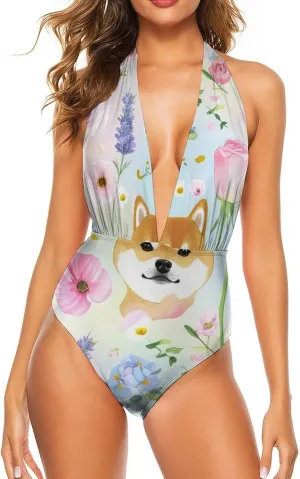 Women's One Piece Swimsuit Monokini Backless V Neck Swimdress Cheeky Beachwear