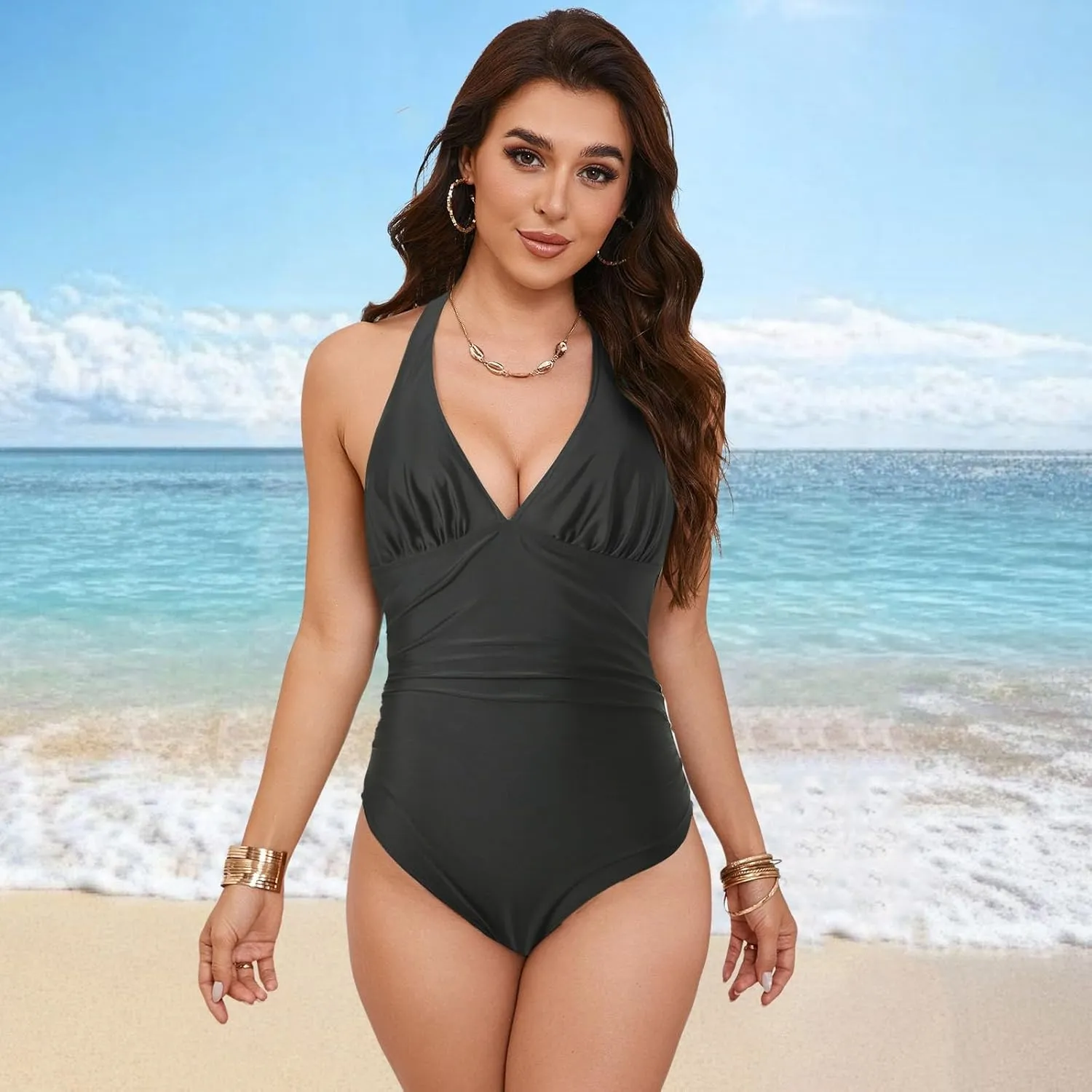 Womens One Piece Swimsuit Ruched Swimwear Halter V Neck Backless Bathing Suit Color Block Slimming Tummy Control Swimsuits