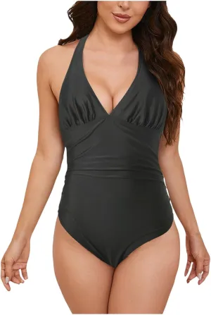 Womens One Piece Swimsuit Ruched Swimwear Halter V Neck Backless Bathing Suit Color Block Slimming Tummy Control Swimsuits