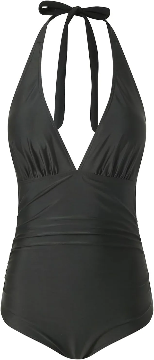 Womens One Piece Swimsuit Ruched Swimwear Halter V Neck Backless Bathing Suit Color Block Slimming Tummy Control Swimsuits