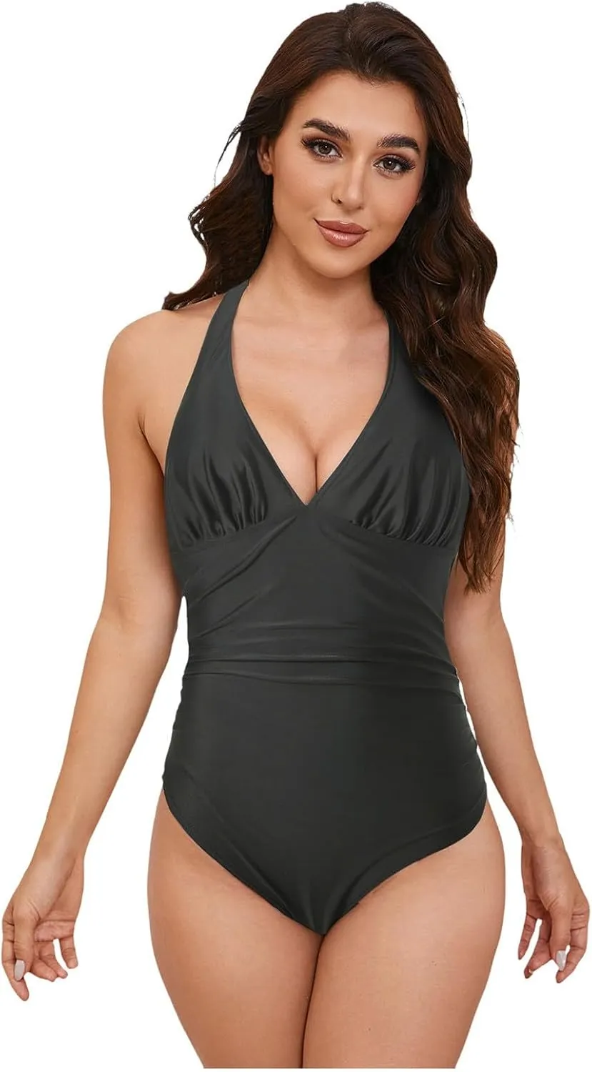 Womens One Piece Swimsuit Ruched Swimwear Halter V Neck Backless Bathing Suit Color Block Slimming Tummy Control Swimsuits