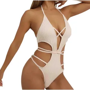 Women's One Piece Swimsuit Tummy Control Slimming Bathing Suits V Neck Cut Out Cross Backless Swimwear Sexy Monokini