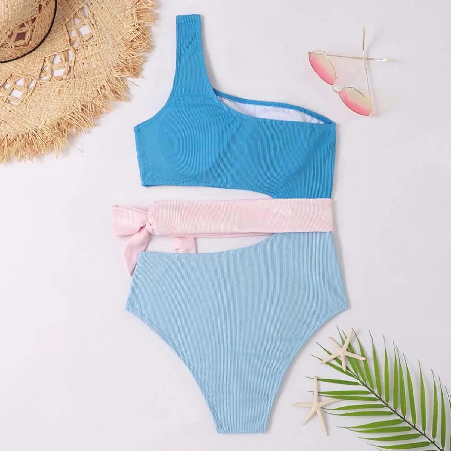 Women's One Piece Swimsuit Tummy Ring Cutout Bathing Suits High Cut Swimwear Shirred Backless Tummy Control Tie Swimwear