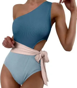 Women's One Piece Swimsuit Tummy Ring Cutout Bathing Suits High Cut Swimwear Shirred Backless Tummy Control Tie Swimwear