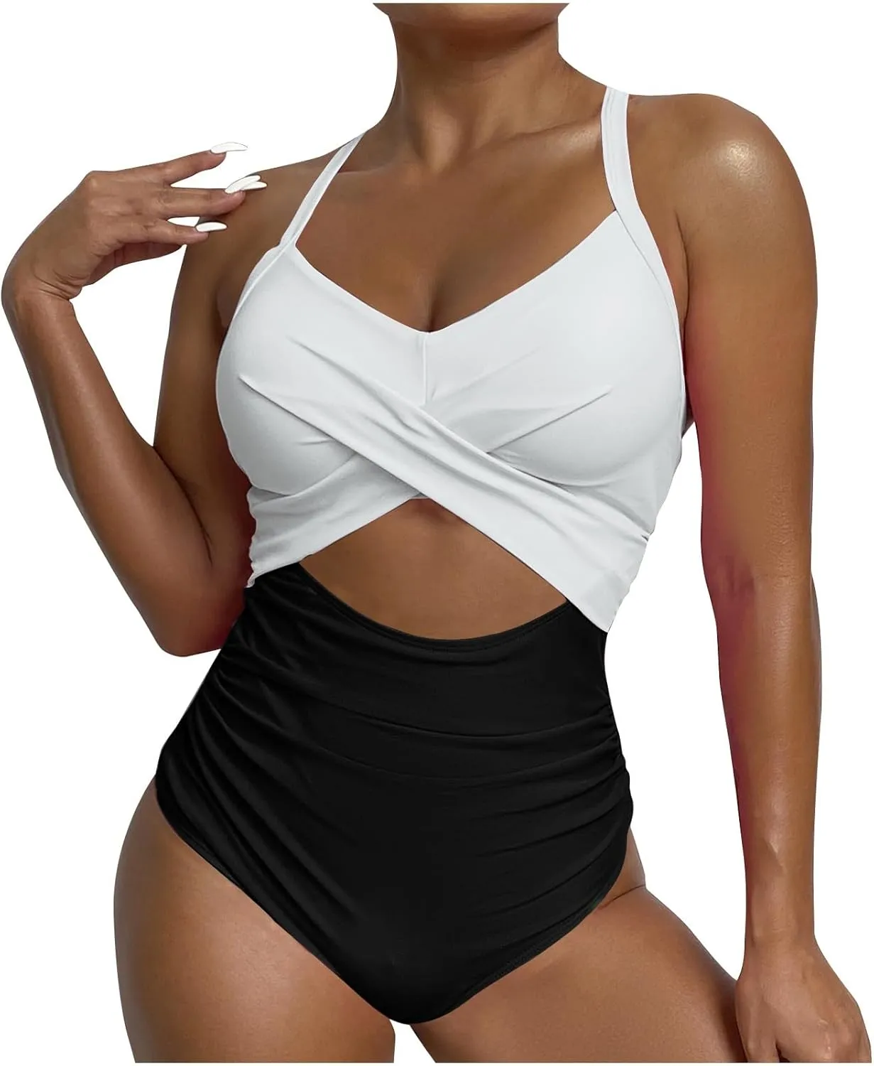 Women's One Piece Swimsuits Tummy Control Cutout High Cut Halter Bathing Suit Crisscross Backless Monokini Swimsuit