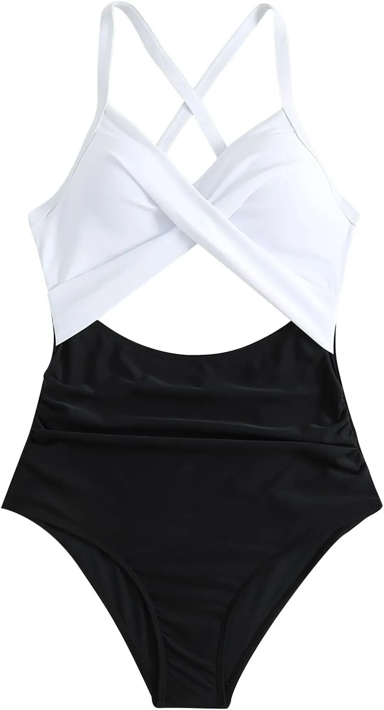 Women's One Piece Swimsuits Tummy Control Cutout High Cut Halter Bathing Suit Crisscross Backless Monokini Swimsuit