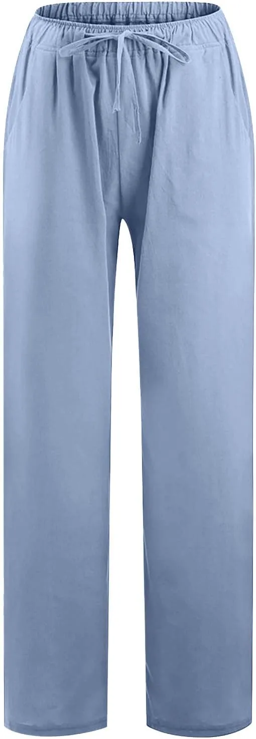 Women's Palazzo Pants Wide Leg Linen Pants Loose Flowy Pants High Waisted Summer Pants Trendy Trousers with Pockets