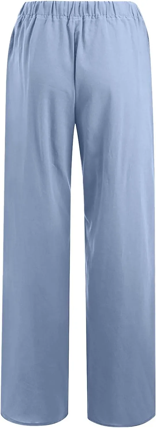 Women's Palazzo Pants Wide Leg Linen Pants Loose Flowy Pants High Waisted Summer Pants Trendy Trousers with Pockets