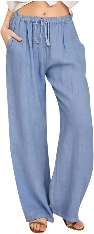 Women's Palazzo Pants Wide Leg Linen Pants Loose Flowy Pants High Waisted Summer Pants Trendy Trousers with Pockets