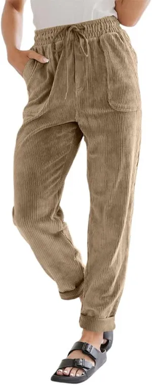 Women's Pants Casual Corduroy High Waist Straight Leg Elastic Drawstring Bottoms Trousers with Pockets