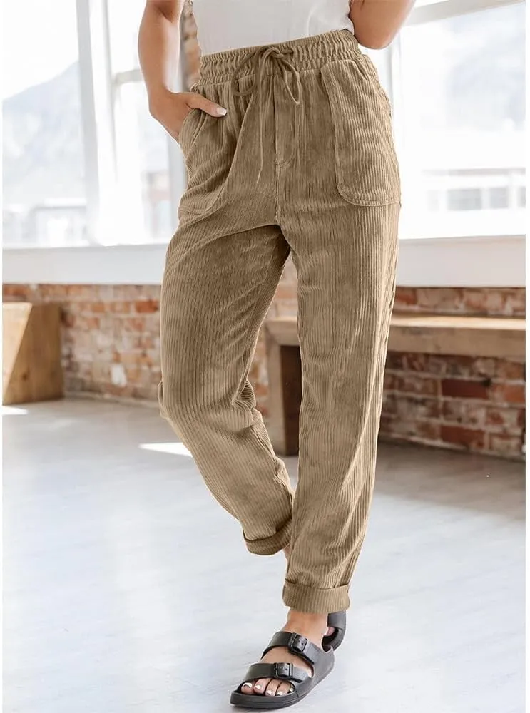Women's Pants Casual Corduroy High Waist Straight Leg Elastic Drawstring Bottoms Trousers with Pockets