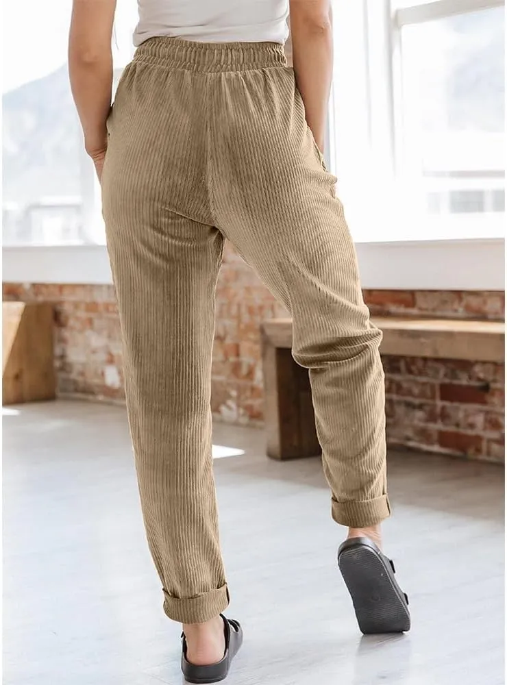 Women's Pants Casual Corduroy High Waist Straight Leg Elastic Drawstring Bottoms Trousers with Pockets