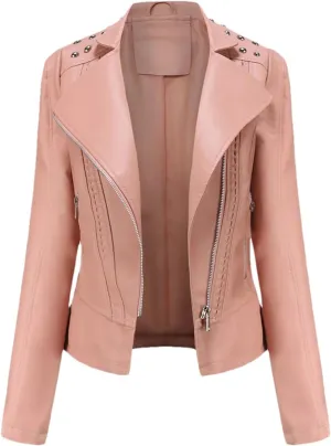 Women's Punk Rivet Leather Jacket Spring Autumn Retro Turndown Collar Casual Faux Leather Moto Biker Outerwear