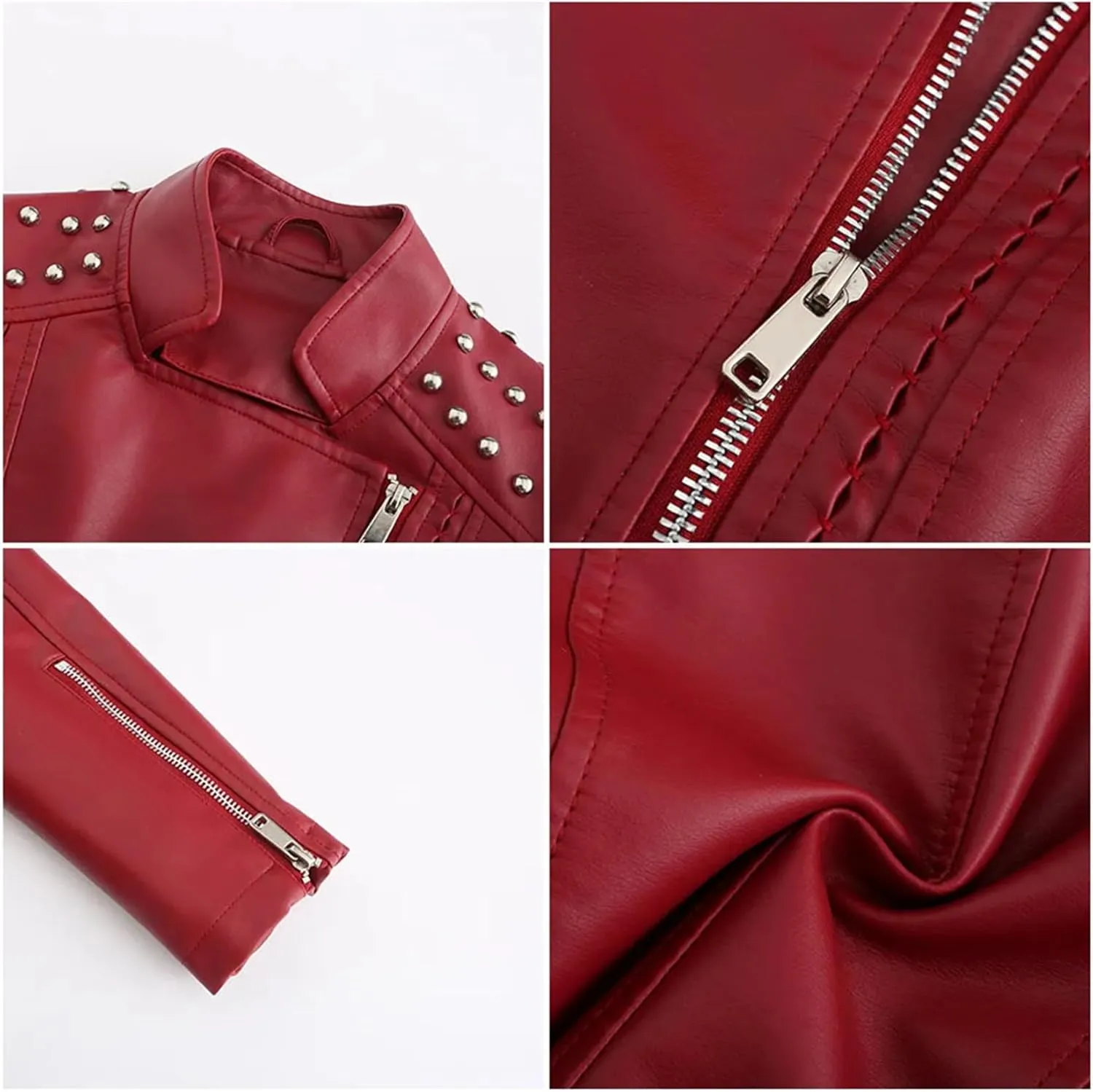 Women's Punk Rivet Leather Jacket Spring Autumn Retro Turndown Collar Casual Faux Leather Moto Biker Outerwear