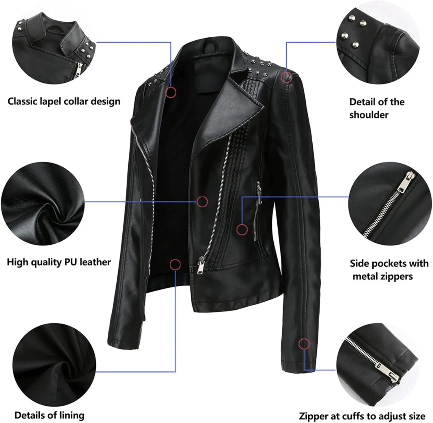 Women's Punk Rivet Leather Jacket Spring Autumn Retro Turndown Collar Casual Faux Leather Moto Biker Outerwear