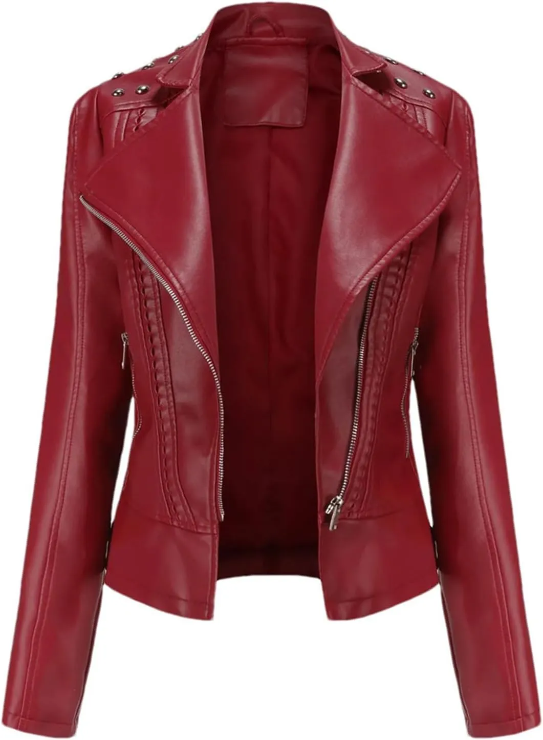 Women's Punk Rivet Leather Jacket Spring Autumn Retro Turndown Collar Casual Faux Leather Moto Biker Outerwear