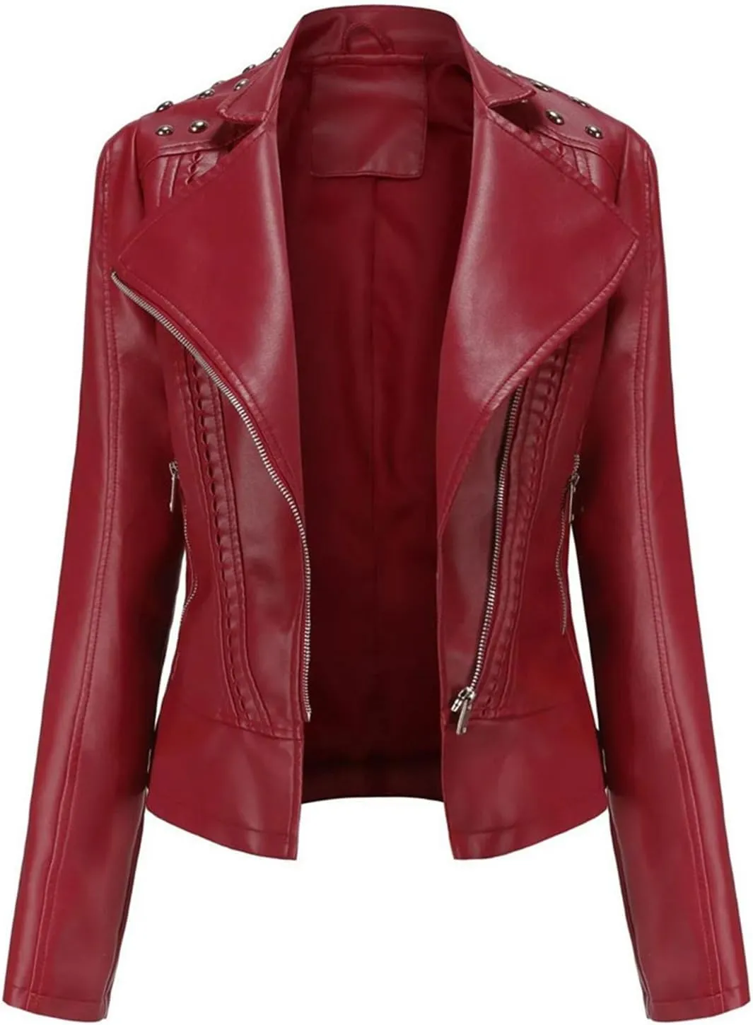 Women's Punk Rivet Leather Jacket Spring Autumn Retro Turndown Collar Casual Faux Leather Moto Biker Outerwear