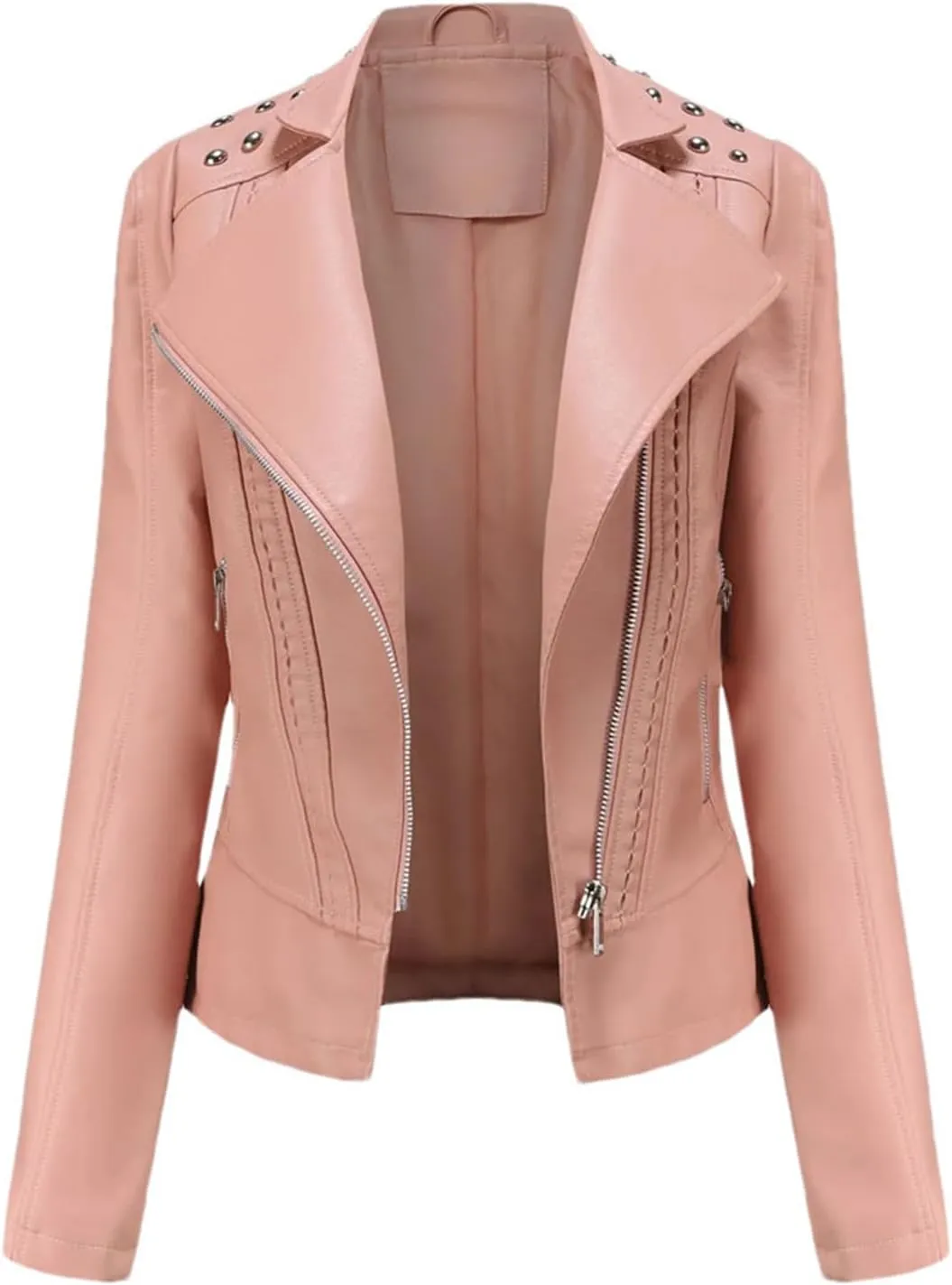 Women's Punk Rivet Leather Jacket Spring Autumn Retro Turndown Collar Casual Faux Leather Moto Biker Outerwear