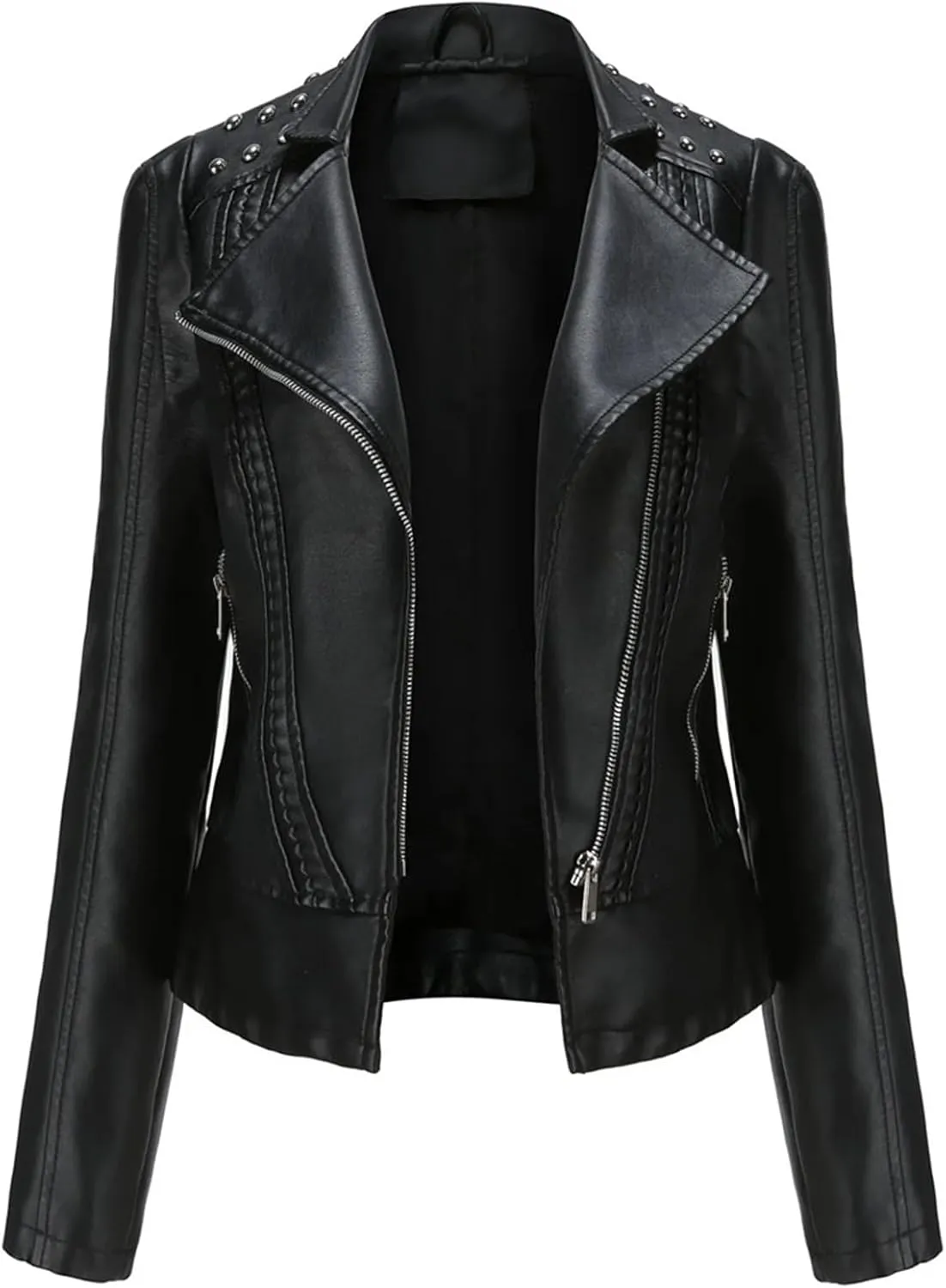 Women's Punk Rivet Leather Jacket Spring Autumn Retro Turndown Collar Casual Faux Leather Moto Biker Outerwear