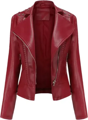 Women's Punk Rivet Leather Jacket Spring Autumn Retro Turndown Collar Casual Faux Leather Moto Biker Outerwear