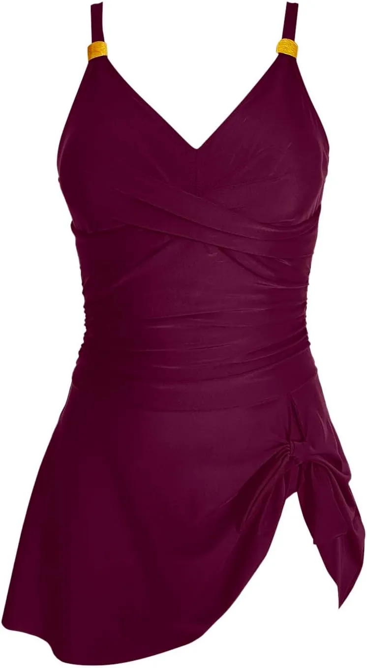 Women's Retro Tummy Control Swimsuit Ruched V-Neck Swim Dress with Gold Metal Tie Accents & Adjustable Waist Skirt
