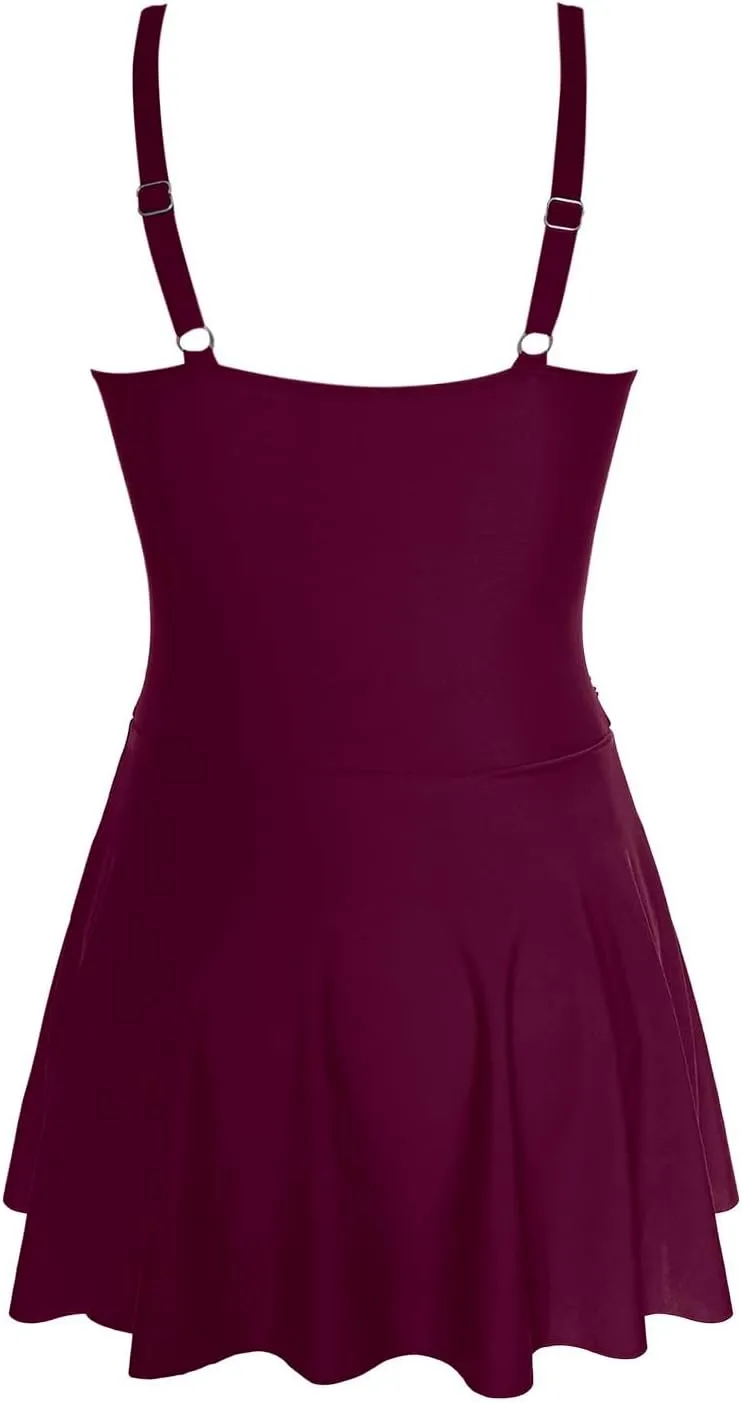 Women's Retro Tummy Control Swimsuit Ruched V-Neck Swim Dress with Gold Metal Tie Accents & Adjustable Waist Skirt