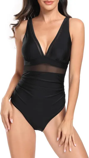 Women's Ruffle One Piece Swimsuit Floral Print V Neck Tummy Control Bathing Suit Cutout Backless Swimwear Beachwear
