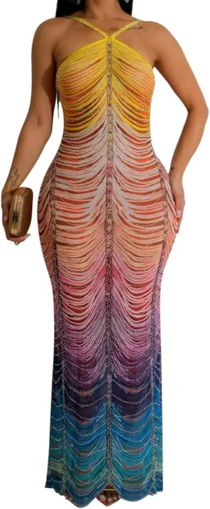 Womens Sexy Sleeveless Halter Mesh Printed Rhinestones Bodycon Party Clubwear Long Dress