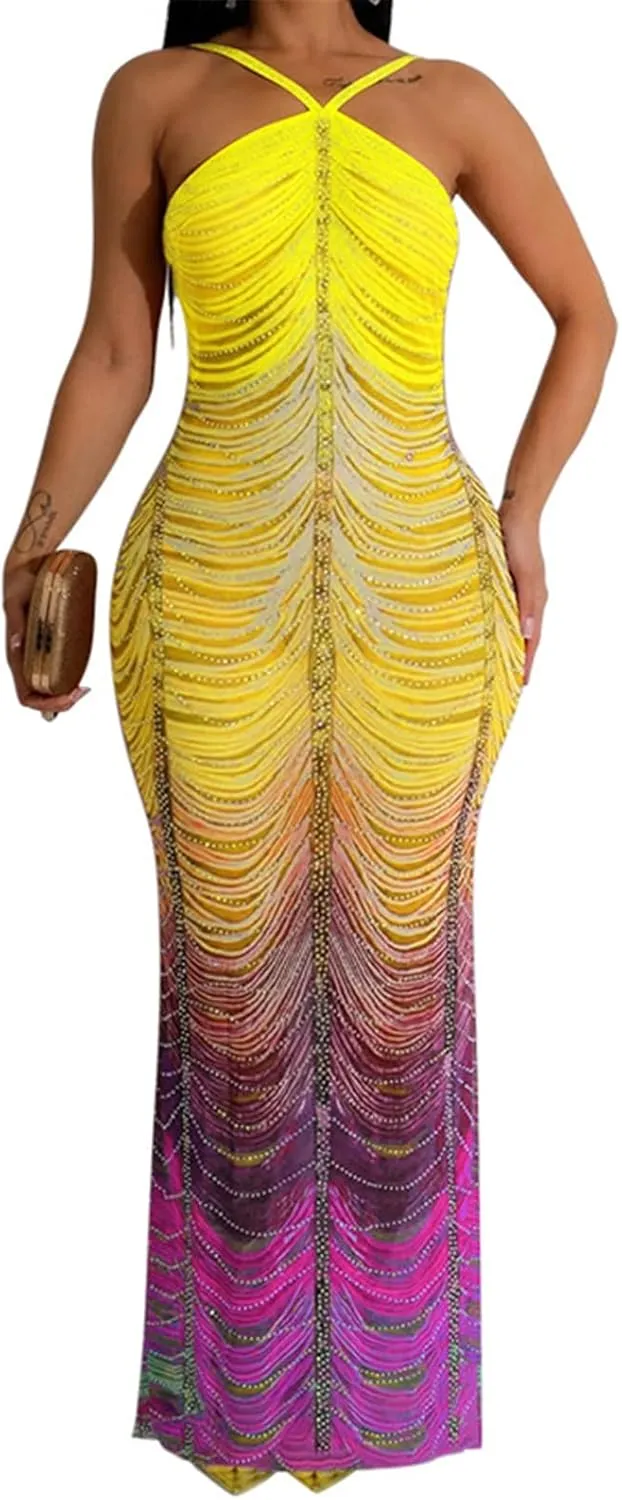 Womens Sexy Sleeveless Halter Mesh Printed Rhinestones Bodycon Party Clubwear Long Dress