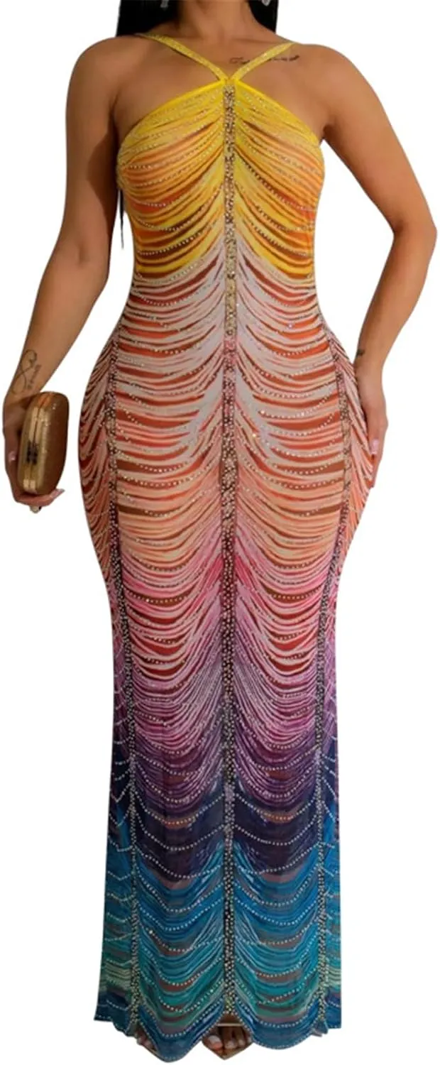 Womens Sexy Sleeveless Halter Mesh Printed Rhinestones Bodycon Party Clubwear Long Dress