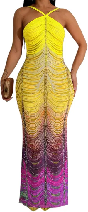 Womens Sexy Sleeveless Halter Mesh Printed Rhinestones Bodycon Party Clubwear Long Dress