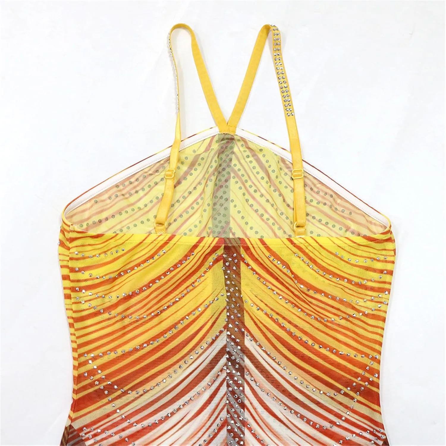 Womens Sexy Sleeveless Halter Mesh Printed Rhinestones Bodycon Party Clubwear Long Dress