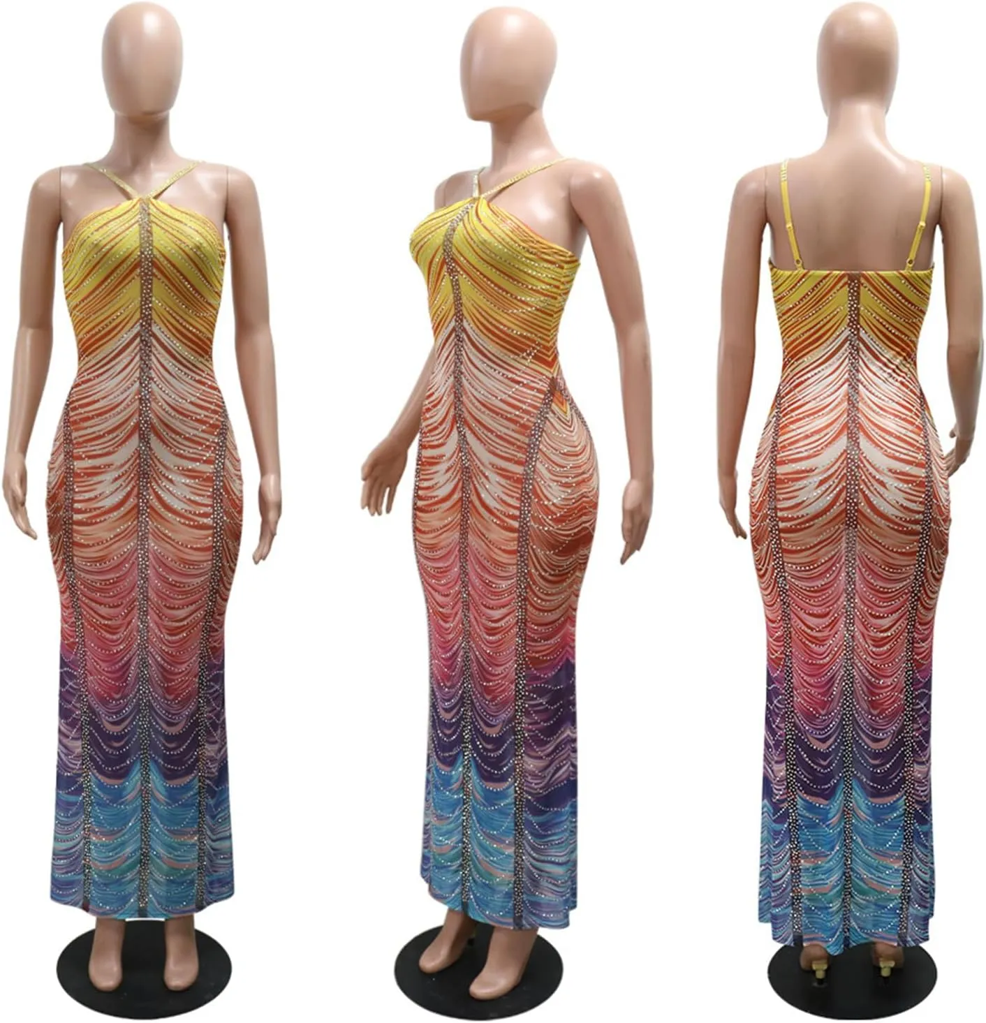 Womens Sexy Sleeveless Halter Mesh Printed Rhinestones Bodycon Party Clubwear Long Dress