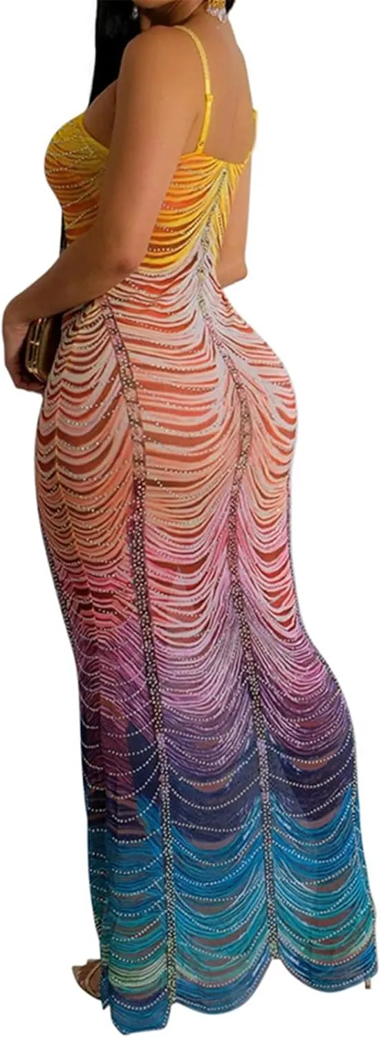 Womens Sexy Sleeveless Halter Mesh Printed Rhinestones Bodycon Party Clubwear Long Dress