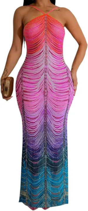 Womens Sexy Sleeveless Halter Mesh Printed Rhinestones Bodycon Party Clubwear Long Dress