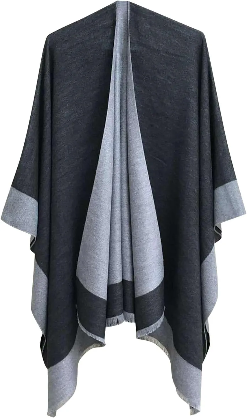 Women's Shawl Wrap Poncho Elegant Color Block Fall Cape Cardigan Sweater Winter Open Front Windproof Shawl Scarf