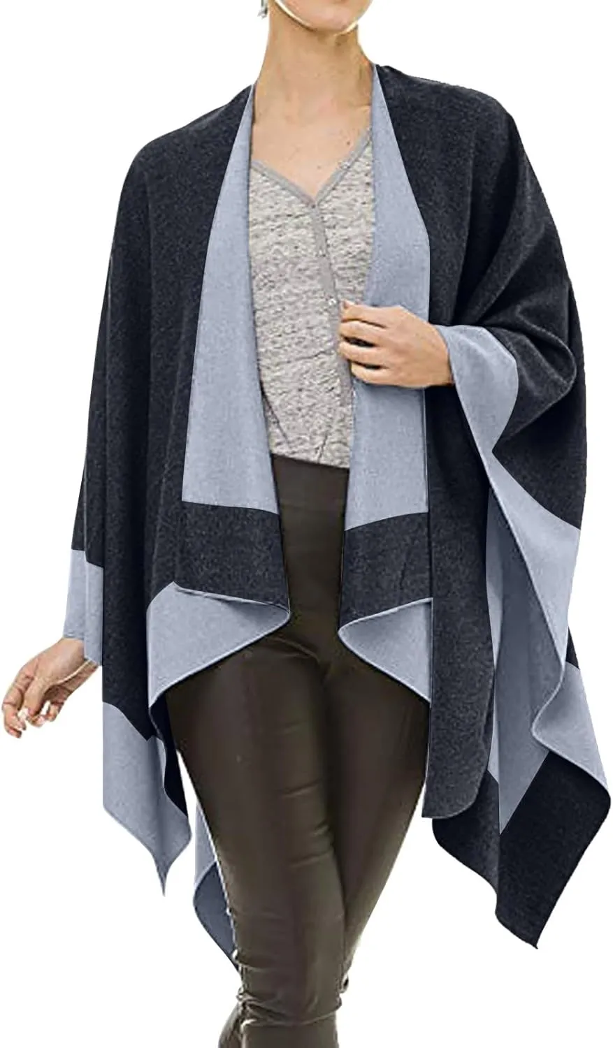 Women's Shawl Wrap Poncho Elegant Color Block Fall Cape Cardigan Sweater Winter Open Front Windproof Shawl Scarf