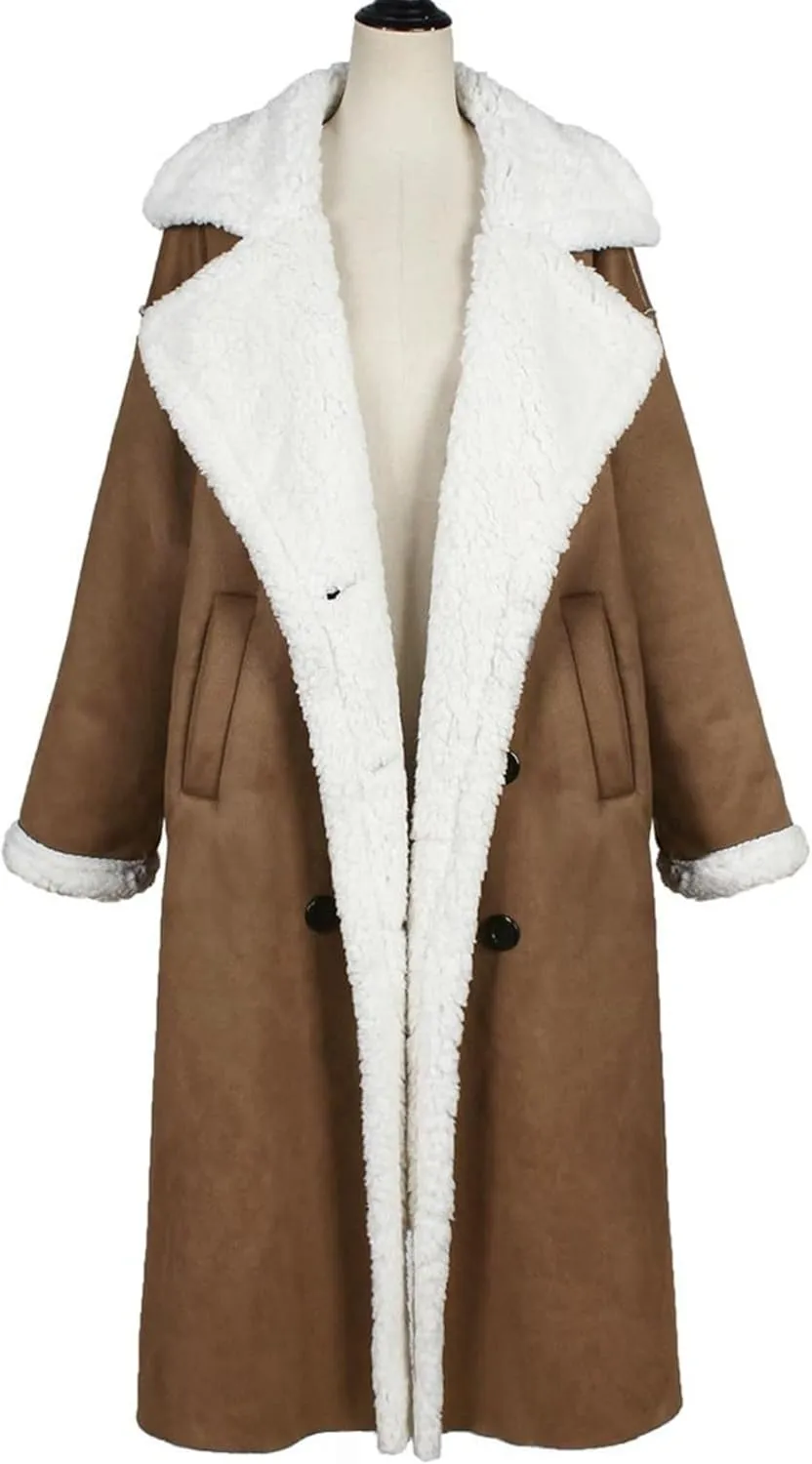 Womens Sherpa Lined Jackets Lapel Long Winter Coat Casual Fleece Jacket Oversized Warm Coats