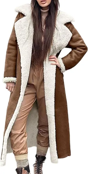 Womens Sherpa Lined Jackets Lapel Long Winter Coat Casual Fleece Jacket Oversized Warm Coats