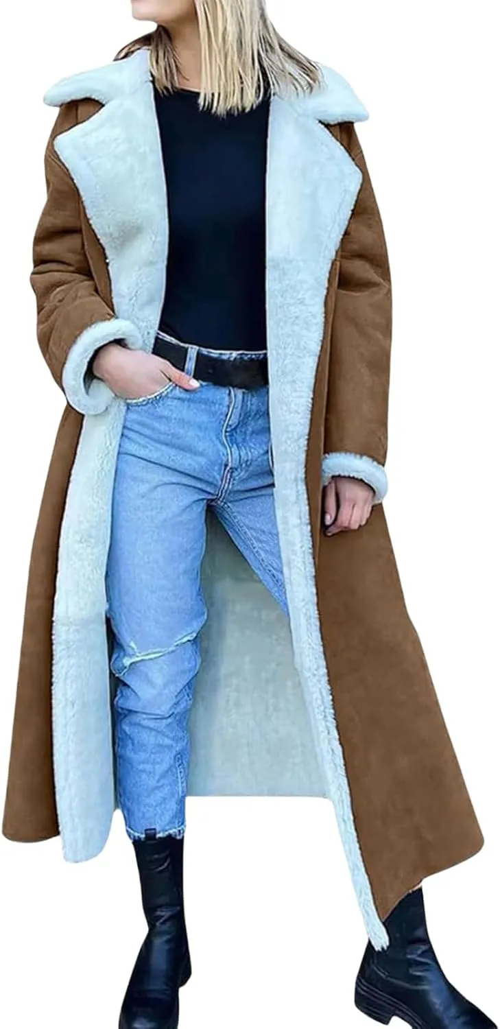 Womens Sherpa Lined Jackets Lapel Long Winter Coat Casual Fleece Jacket Oversized Warm Coats