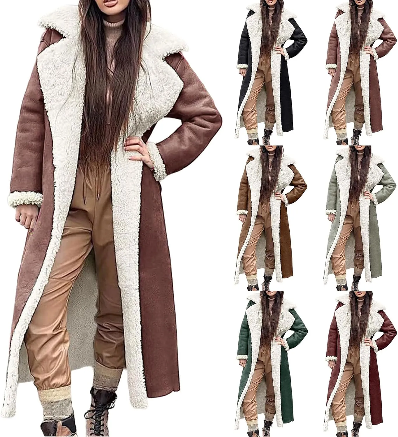 Womens Sherpa Lined Jackets Lapel Long Winter Coat Casual Fleece Jacket Oversized Warm Coats