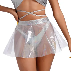 Women's Shiny Flare Pleated Mini Skirts High Waist See Through Plastic Skirt Rave Outfits Halloween Festival Clothes