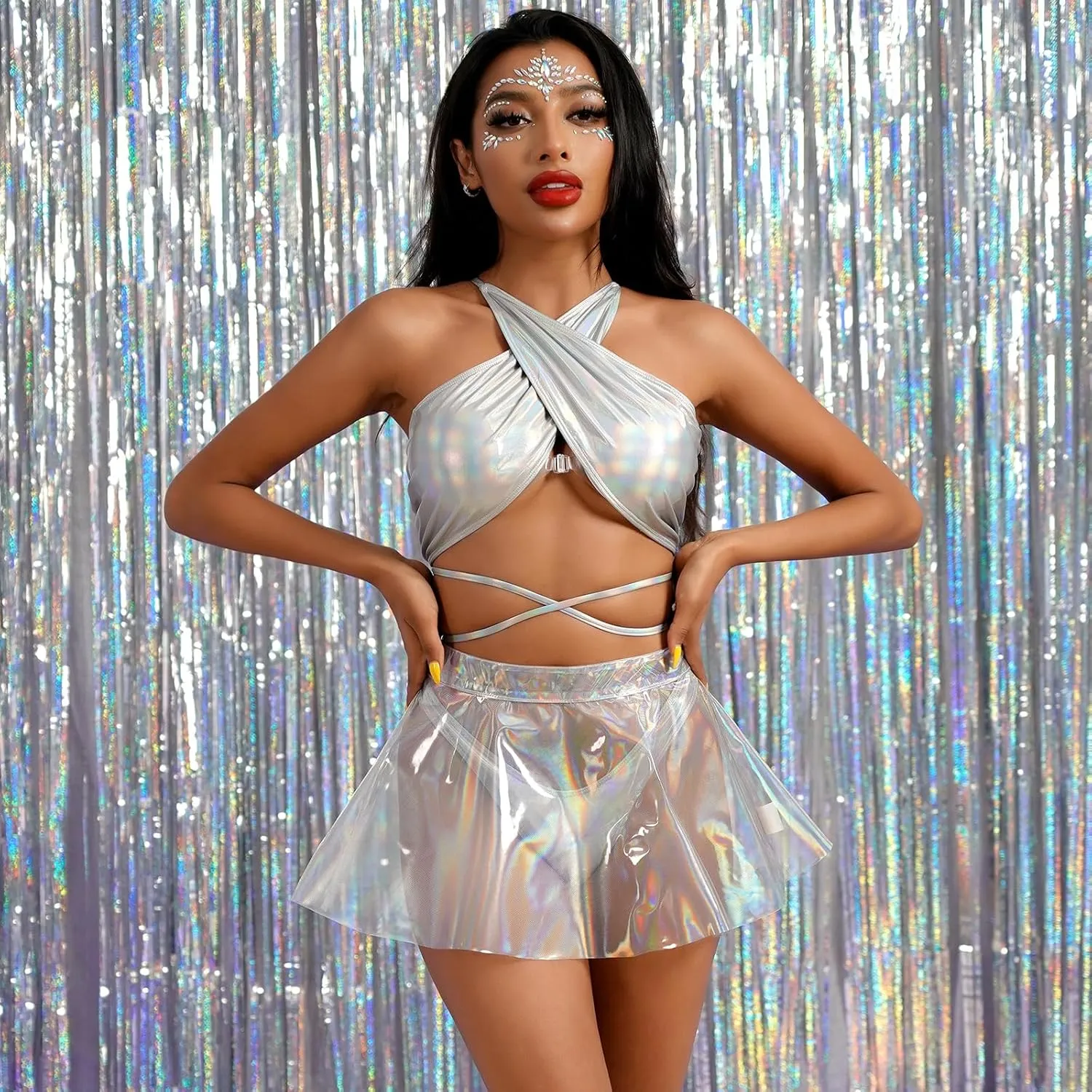 Women's Shiny Flare Pleated Mini Skirts High Waist See Through Plastic Skirt Rave Outfits Halloween Festival Clothes