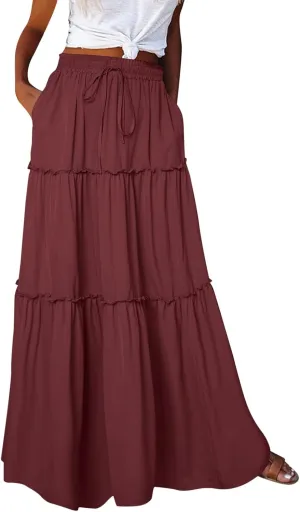Womens Skirts for Summer Lightweight High Waist Drawstring Elastic Ruffle Hem A-Line Casual Long Skirts for Women