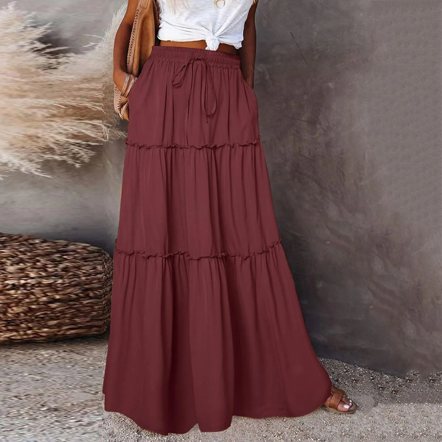 Womens Skirts for Summer Lightweight High Waist Drawstring Elastic Ruffle Hem A-Line Casual Long Skirts for Women