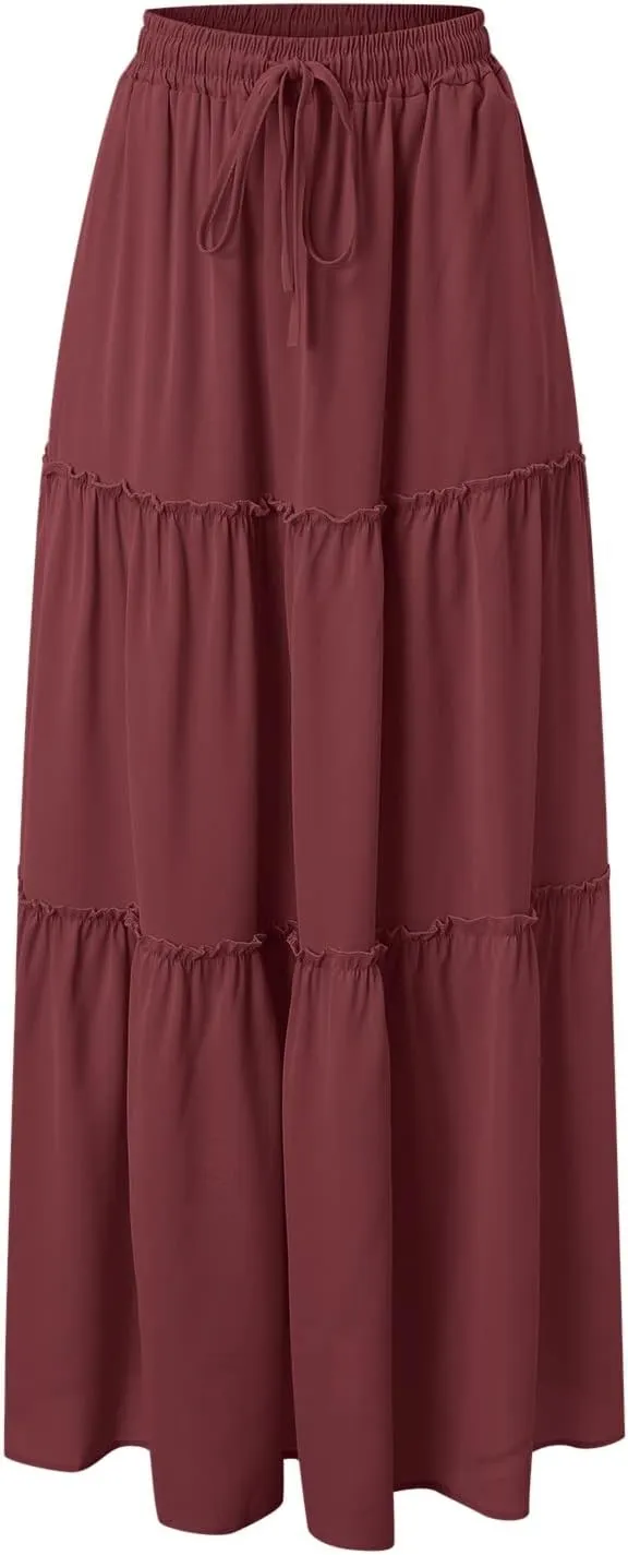 Womens Skirts for Summer Lightweight High Waist Drawstring Elastic Ruffle Hem A-Line Casual Long Skirts for Women