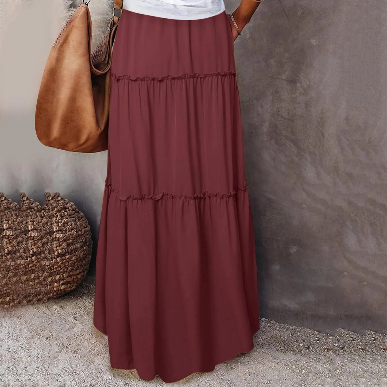 Womens Skirts for Summer Lightweight High Waist Drawstring Elastic Ruffle Hem A-Line Casual Long Skirts for Women